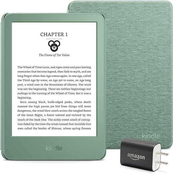 Kindle Essentials Bundle,包括Kindle(2024版本) - 抹茶,織物封面 - 抹茶和電源適配器