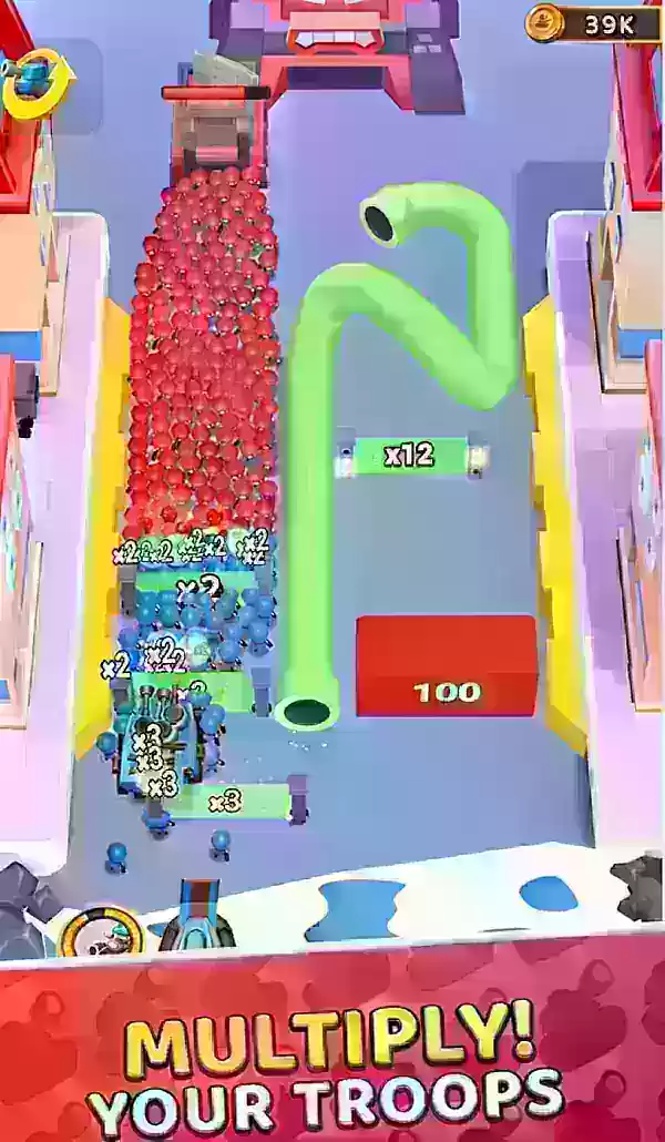 Grunt Rushにおいて青いユニットが数値増幅ゲートを通過するゲームプレイスクリーンショット