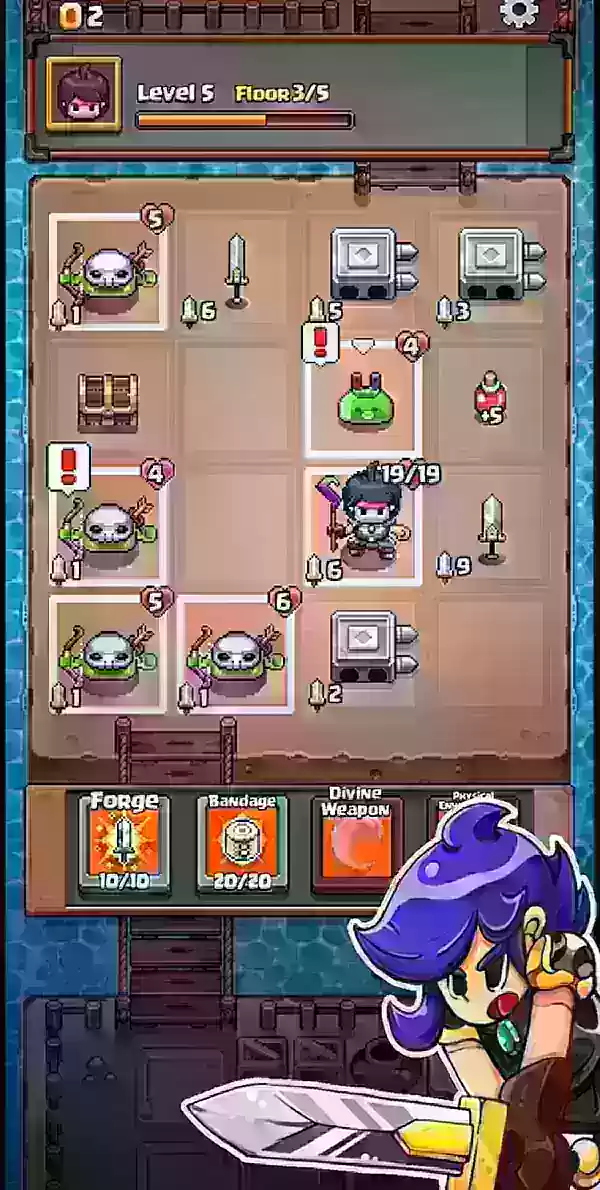 Een screenshot van raster-expeditie met een blauwharige animeske krijger over een rastergebaseerde strijd die op de achtergrond speelt