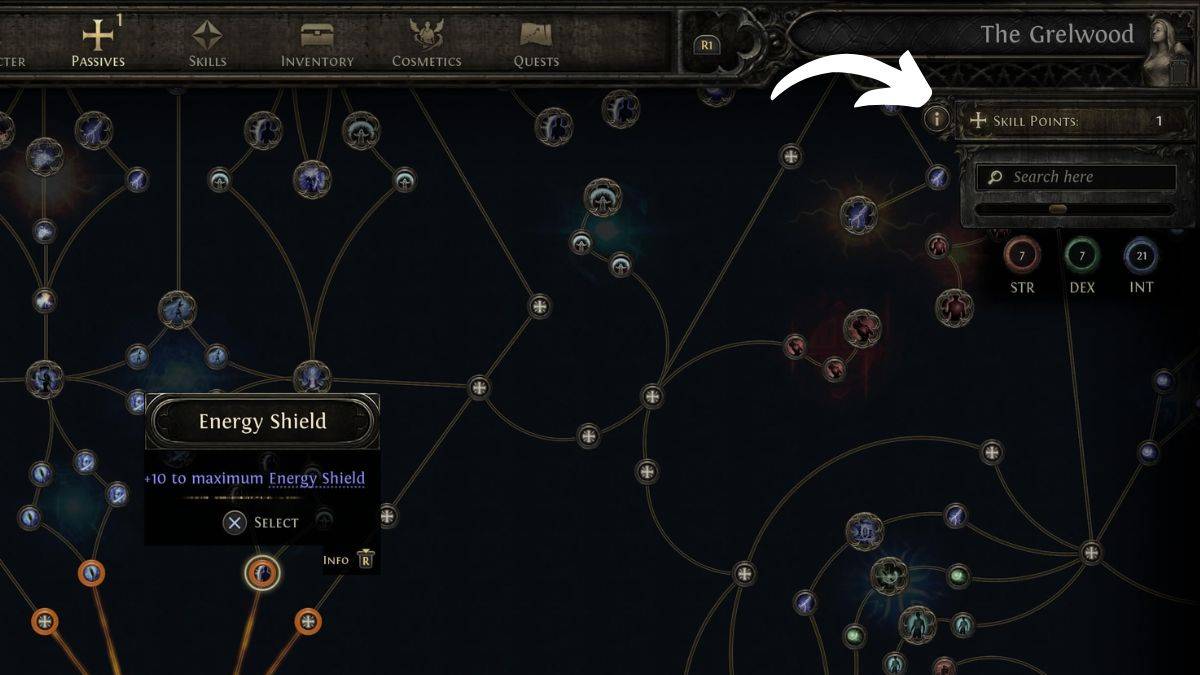 Interface d'attribution des points de compétence dans PoE2