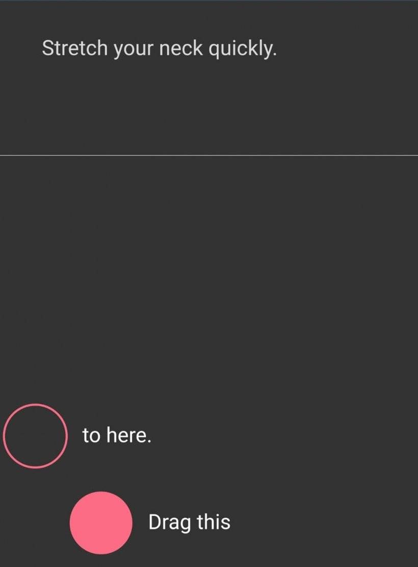 Uma tela de jogo cinza com um prompt no topo para esticar o pescoço rapidamente, enquanto uma bola rosa diz para arrastá -la para um pequeno recorte