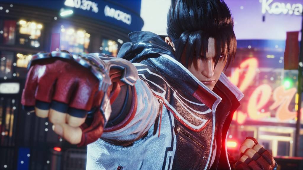 Afbeelding van Jin, een mannelijke jager met rode bokshandschoenen en zwart haar, zich voorbereid op de strijd in Tekken 8.