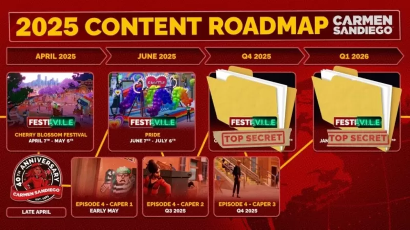 Isang larawan ng Carmen Sandiego roadmap na may iba't ibang mga kaso na nakatakdang dumating sa lalong madaling panahon.