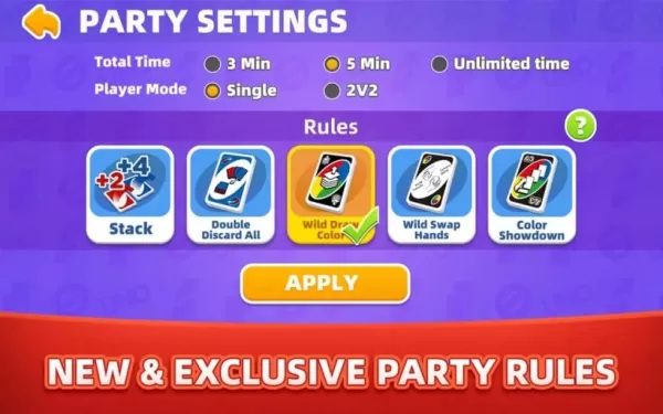 A screenshot of Uno: Arcade Edition showing rule checkboxes for modes like Wild Swap Hands