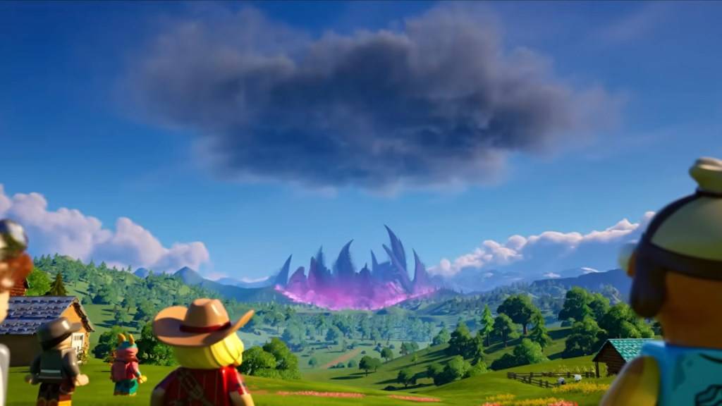 The LEGO Fortnite characters face the Storm King