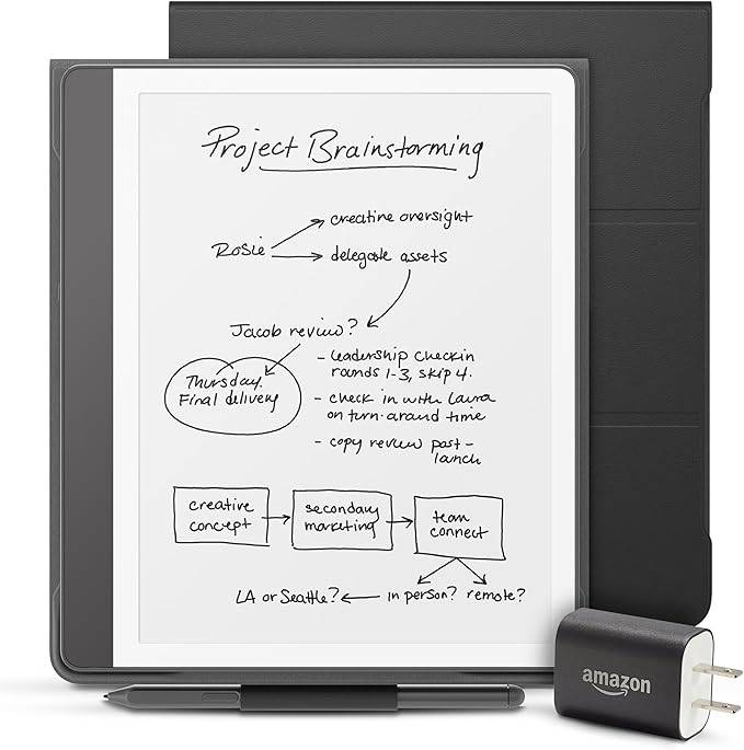 新的亞馬遜Kindle Scribe Essentials Bundle,包括新的Kindle Scribe(16GB) - 鎢,高級筆,植物性皮革作品集和動力適配器