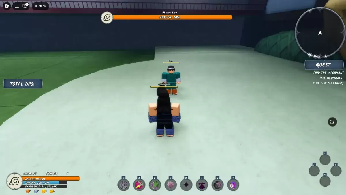 Un joueur debout à côté du patron de l'examen de la pierre de Leo Chunin dans l'expérience de Roblox Time Ninja