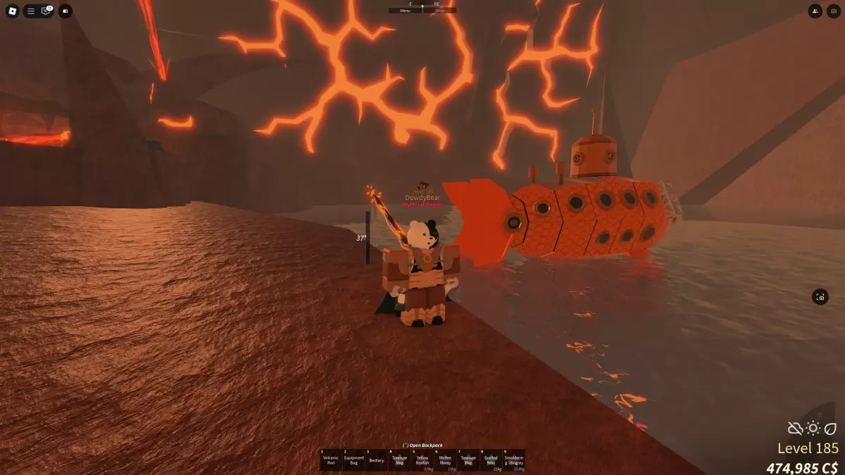 An image showing a player with the Glimmerfin Suit and submarine